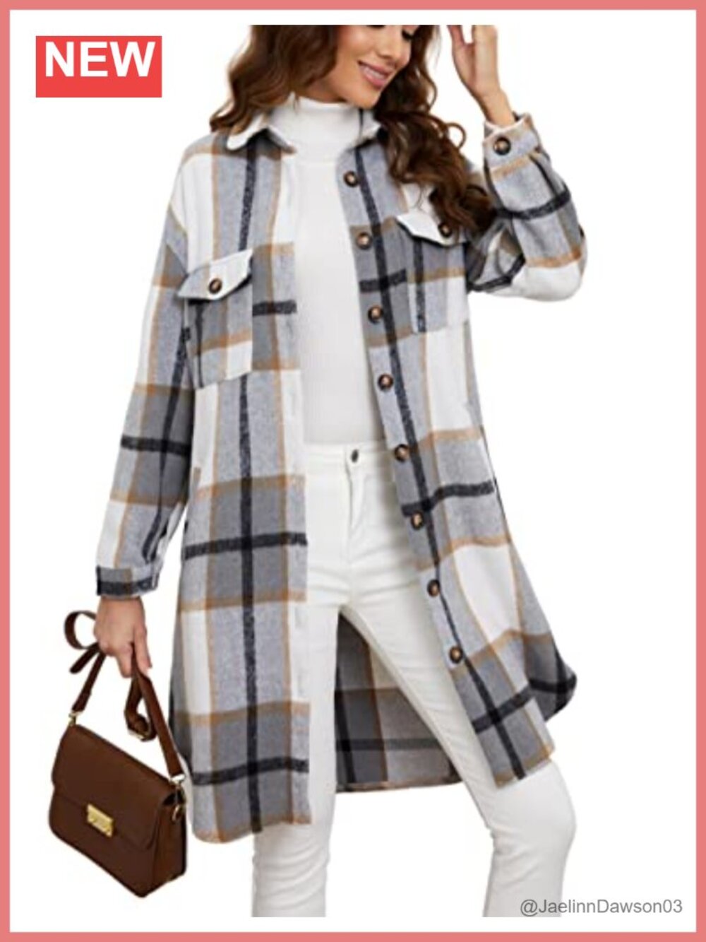 Esmeling Womens Plaid Shacket Brushed Flannel Shirt Jacket Mid Long Wool Blend